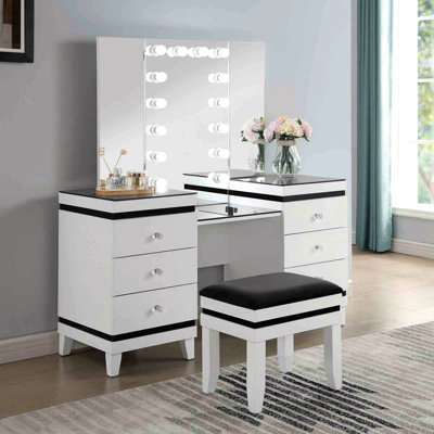 Contemporary Style 1Pc Vanity Set Tri-Fold Mirror 14Pcs Bulbs Black Glass Table Top Upholstered Stool Seat Knob Handles Felt Lined Drawers Black And White Finish
