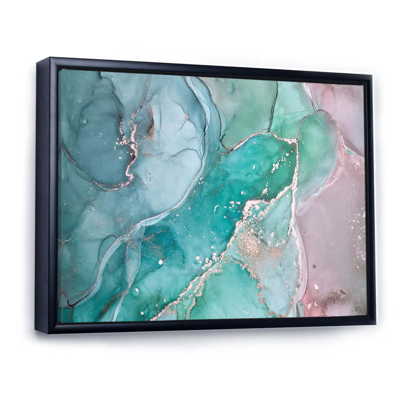 Marbre abstrait turquoise - peinture sur toile, H 12 po x l 20 po, Cadre flottant noir