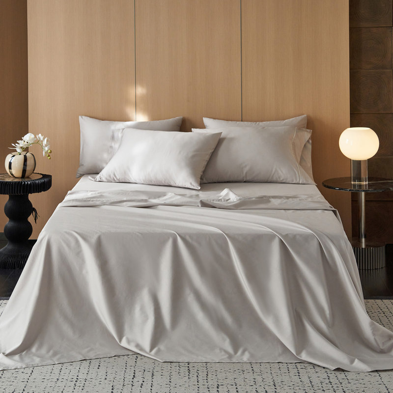 Ensemble de draps 100% coton satiné MooMee, Gris argenté, Ensemble de draps pour grand lit avec deux taies d
