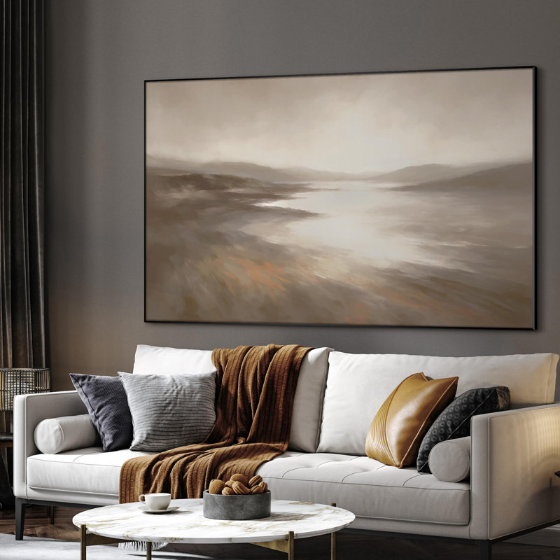 Extra Large Wall Art Fabric Print - Misty Coastal Landscape with Soft Reflections Artwork Decor for Living Room or Bedroom - "Frame Assembly Required (Unfinished Frame)"