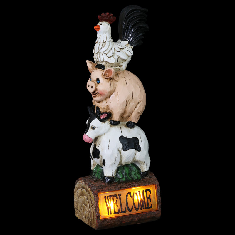 Solar Stacked Farm Animals Resin Garden Statue with LED Light