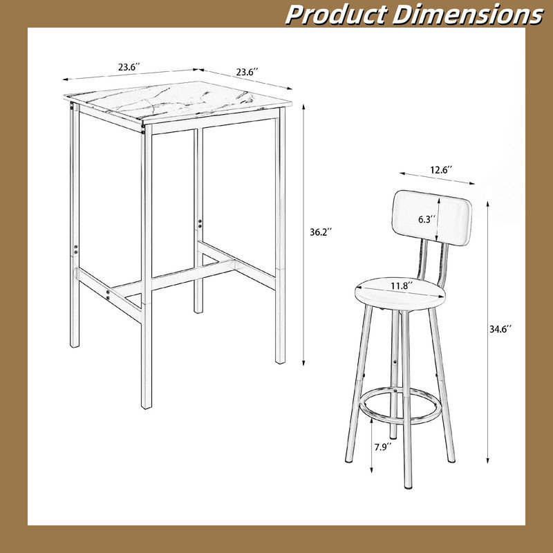Table de bar, équipée de 2 tabourets de bar, avec dossier et cloison, Beige, Blanc, Beige