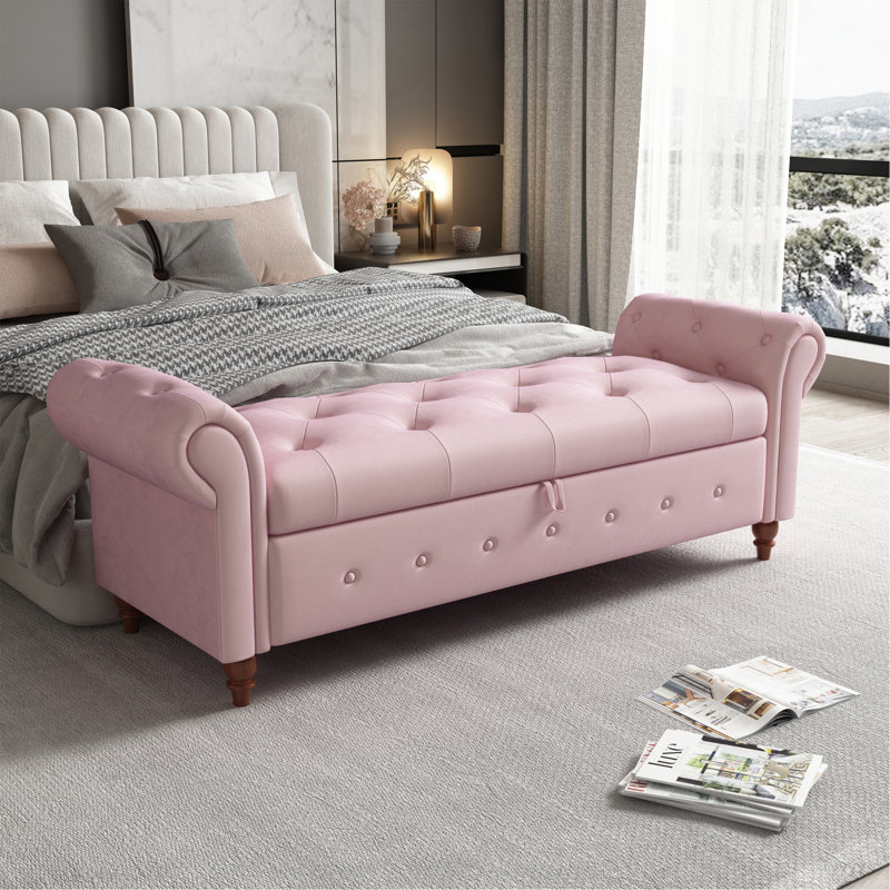 Banc de lit en velours rose, Rose