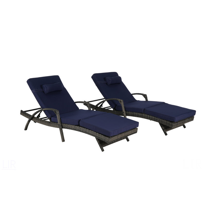 Ensemble de 2 chaises longues d'extérieur en osier avec coussins, chaise longue inclinable en osier, Bleu très foncé
