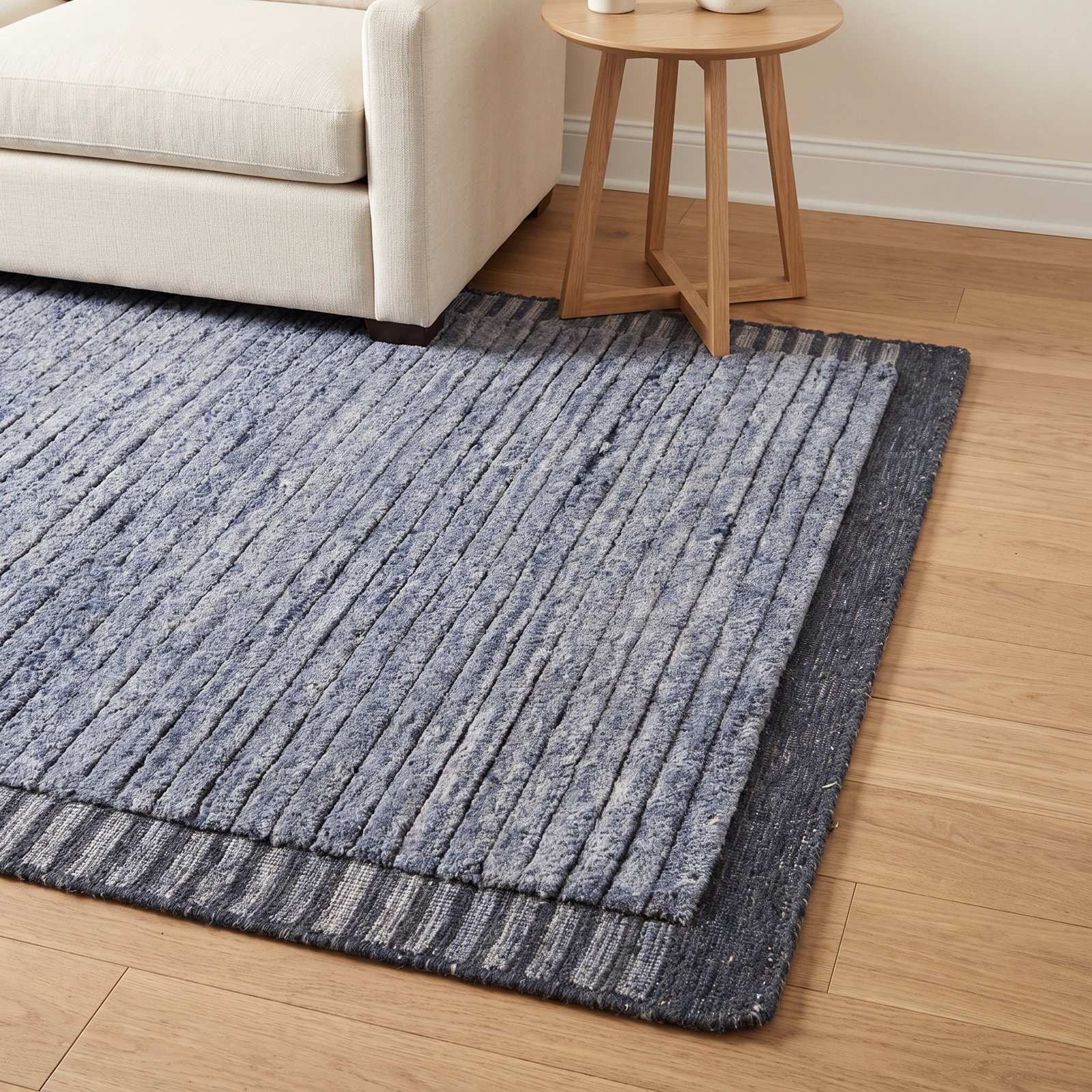 Felipa Hand-Knotted Blue Striped Rug, Rectangle 6' x 9'