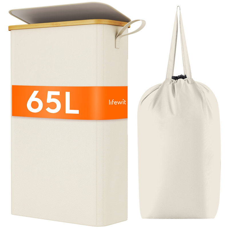 65l Slim Laundry Hamper With Lid, Narrow Laundry Basket With Removable Bag & Bamboo Handles, Fodable Thin Dirty Clothes Hamper For Laundry Collapsible Bin For Bathroom Bedroom Dorm