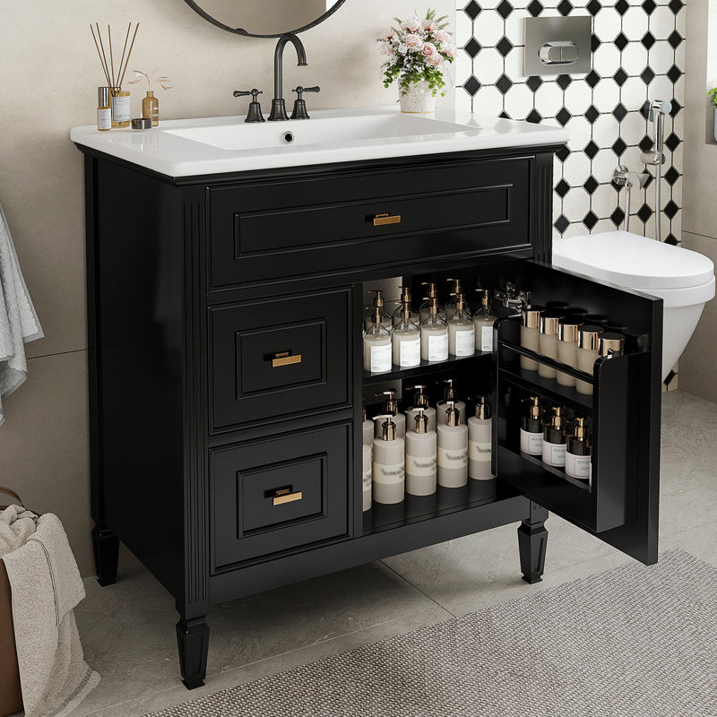 Meuble-lavabo de salle de bain avec lavabo, un tiroir rabattable, deux tiroirs et une tablette réglable, Noir