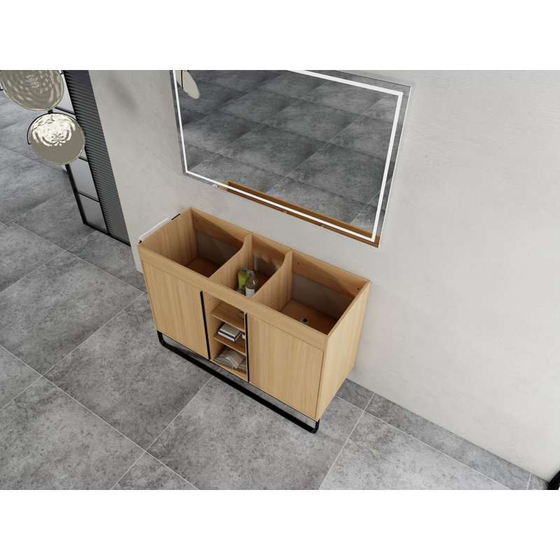 Armoire de salle de bain autoportante avec porte à fermeture douce et tablette de rangement ouverte