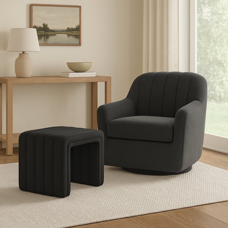 Ada Footstool Ottoman, Channel Tufted Taupe Brown Boucle, 19 Inch, Black