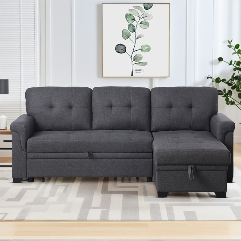 Canapé-lit modulaire rembourré en L en lin avec méridienne réversible et coussins moelleux en L 82 po Clithoe, Gris