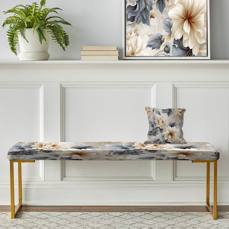 Upholstered Gold Bench, Ethereal Rococo Flourish Victorian Pattern XXX
