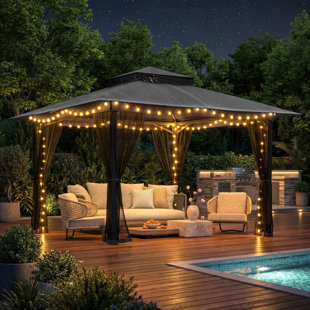 Pavillon de jardin 10 x 13, pavillon de jardin extérieur avec moustiquaire, pavillon de jardin à double toit en métal, auvent pour patio couvert, abri de jardin robuste pour terrasse de jardin