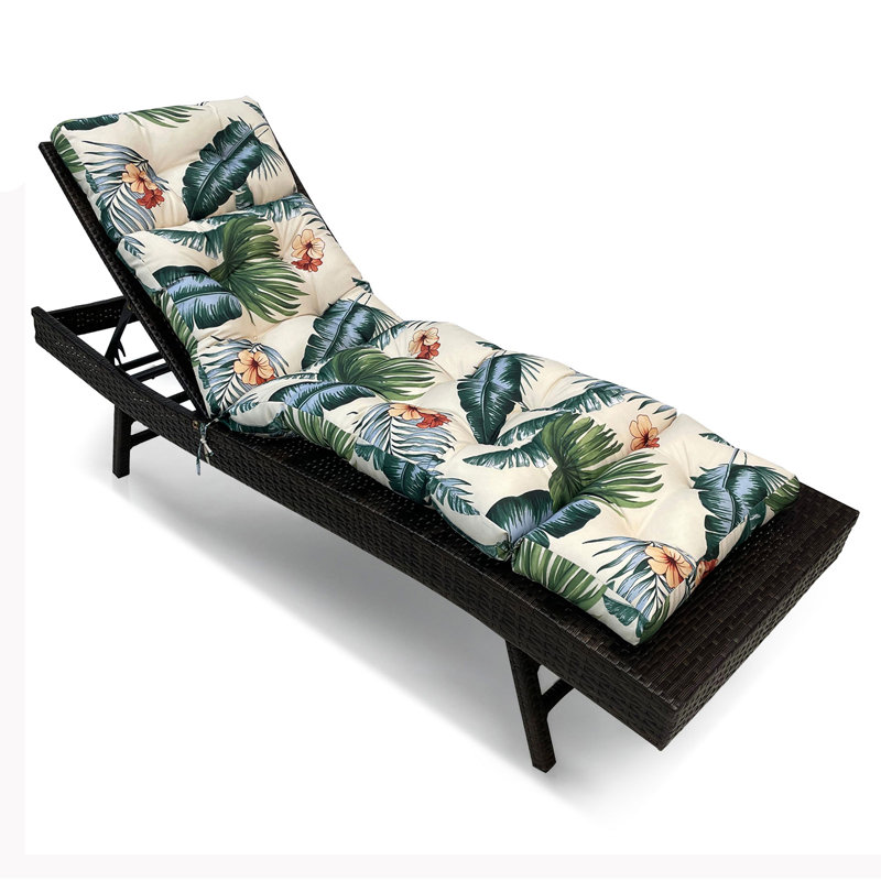 Thickened Outdoor Chaise Lounge Chair Cushion, Soft Memory Foam Filled, Green/Beige Floral