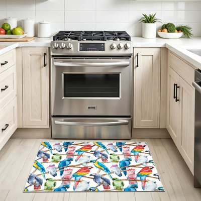 White Machine Washable,Watercolor Bright Parrot Tropical Wallpaper Bird Fashion with Indoor Area Rug