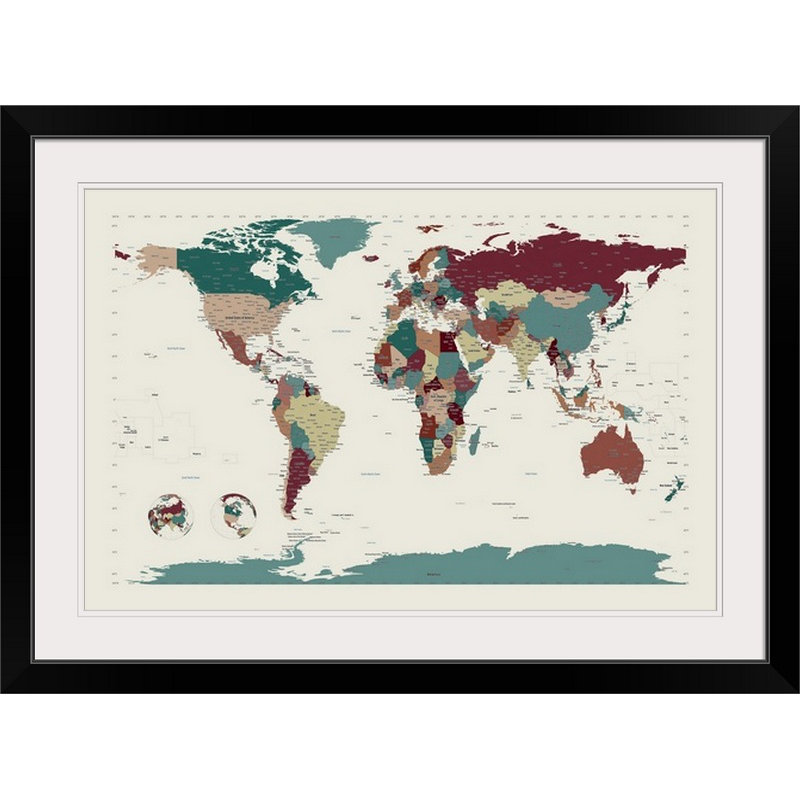 Francy «World Map» par Bellen, impression, H 24 po x l 32 po x P 1 po, Cadre noir