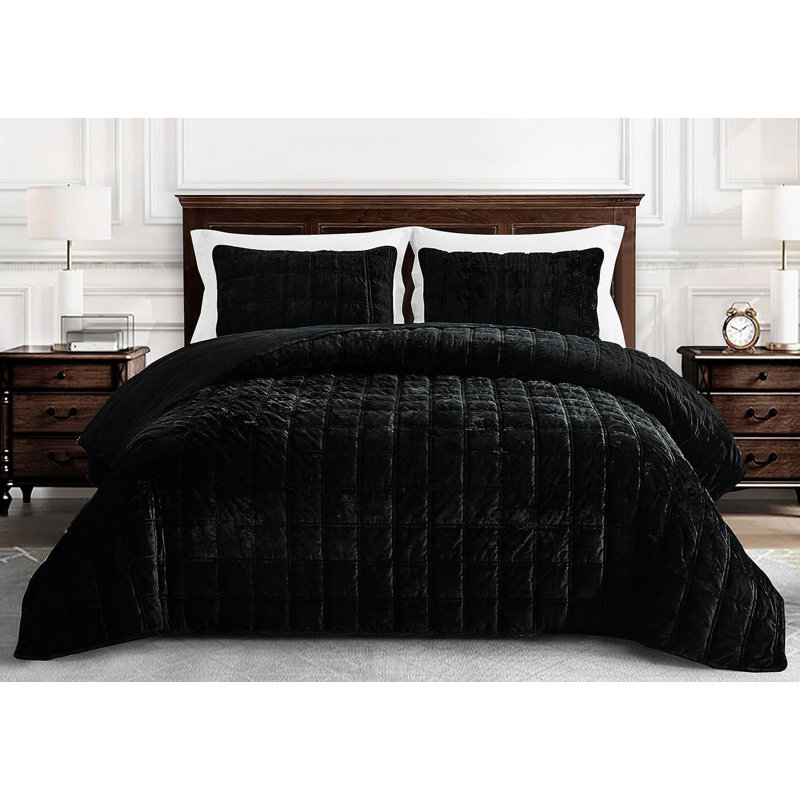 Oversized King Black Velvet Reversible Quilt Set