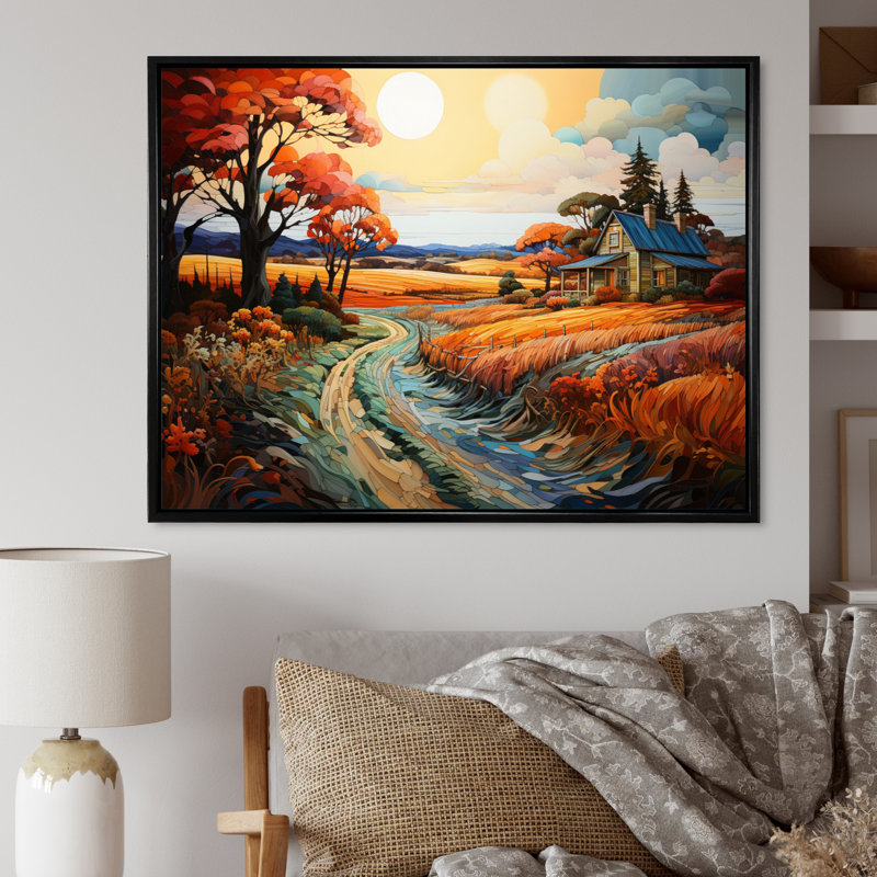 Farmhouse Farmstead Mosaic Pointillism I - impression, Cadre flottant noir, H 34 po x l 44 po x P 1,5 po