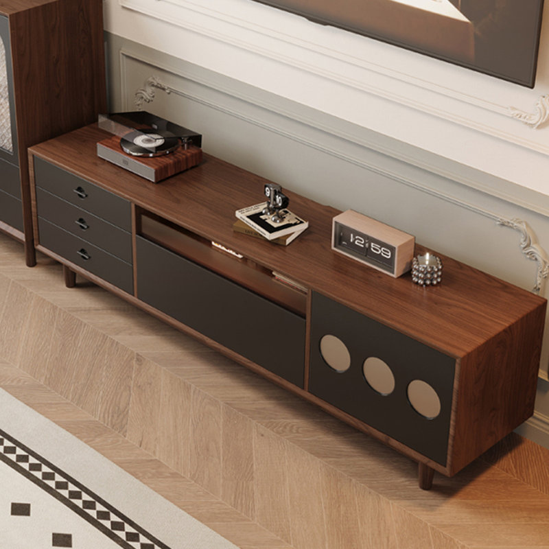 Meuble télé en bois de noyer de style français rétro, H 22,04 po x L 70,86 po x l 15,75 po, Noir / brun