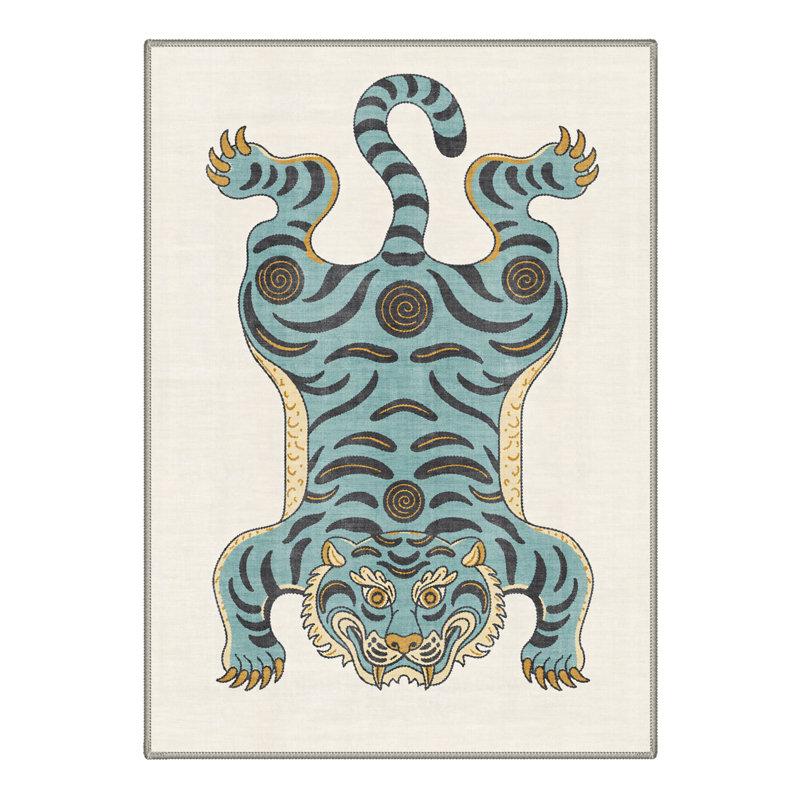 Tigris Animal Print Machine Washable Beige / Blue Indoor Area Rug with Non-Slip Backing, Rectangle 8' x 10'