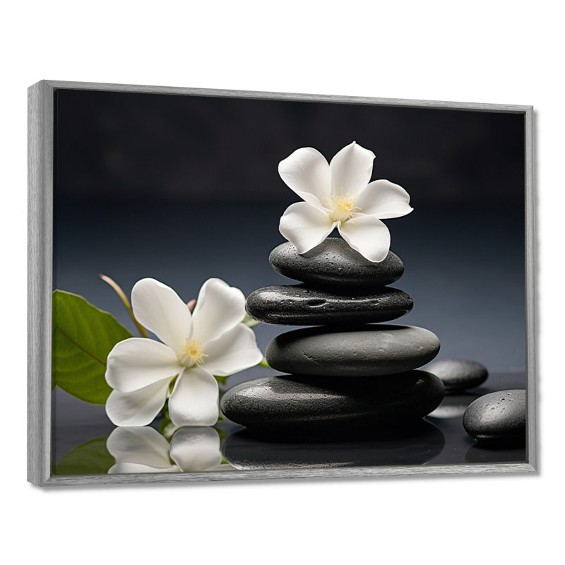 «Zen Black River Stone Blooming Magnolias», reproduction sur toile Lily, H 12 po x l 20 po x P 1 po, Silver Floater Framed