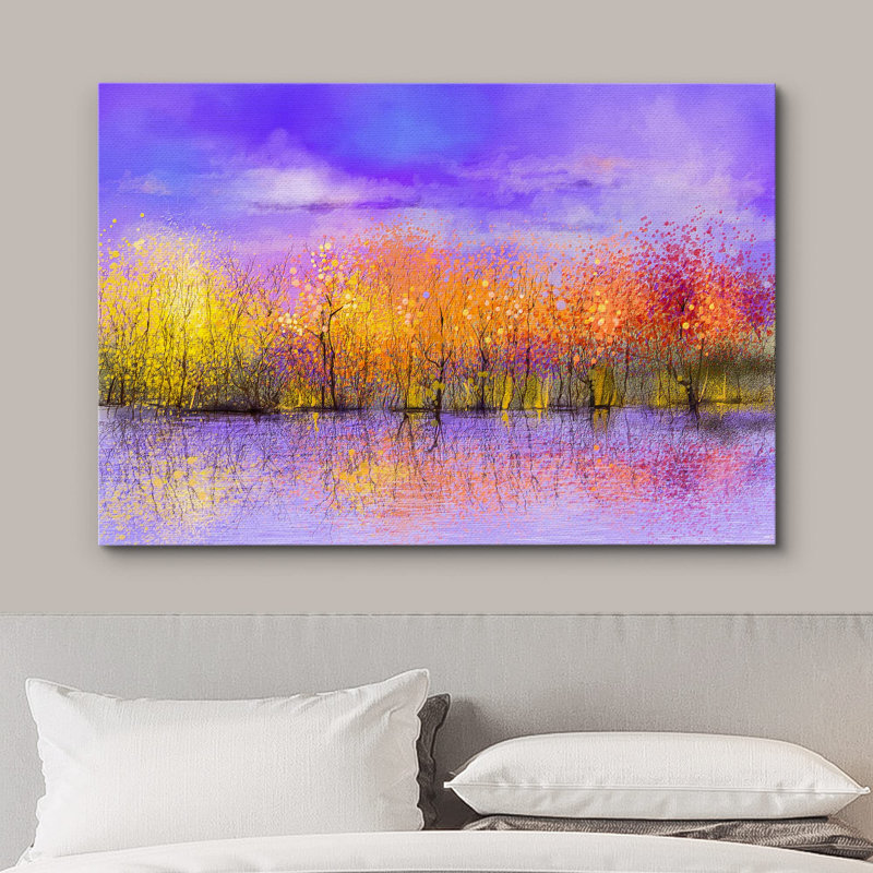 Neon Purple, Orange & Yellow Paint Stroke Forest Trees Nature Illustrations Modern Art Landscape, Wrapped Canvas