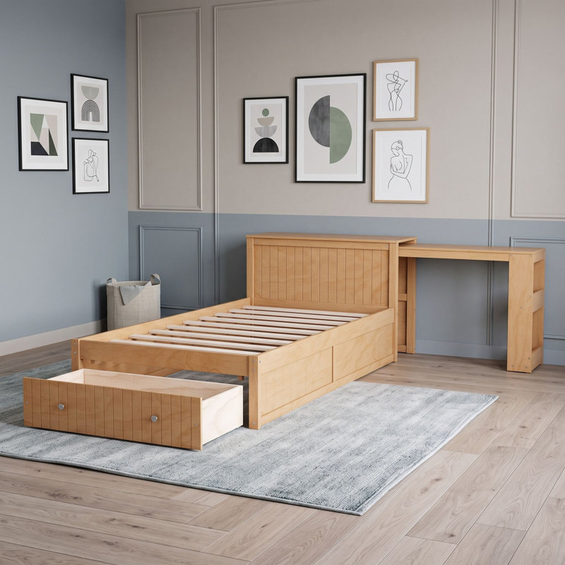 Lit plateforme avec bureau et rangement, Walnut