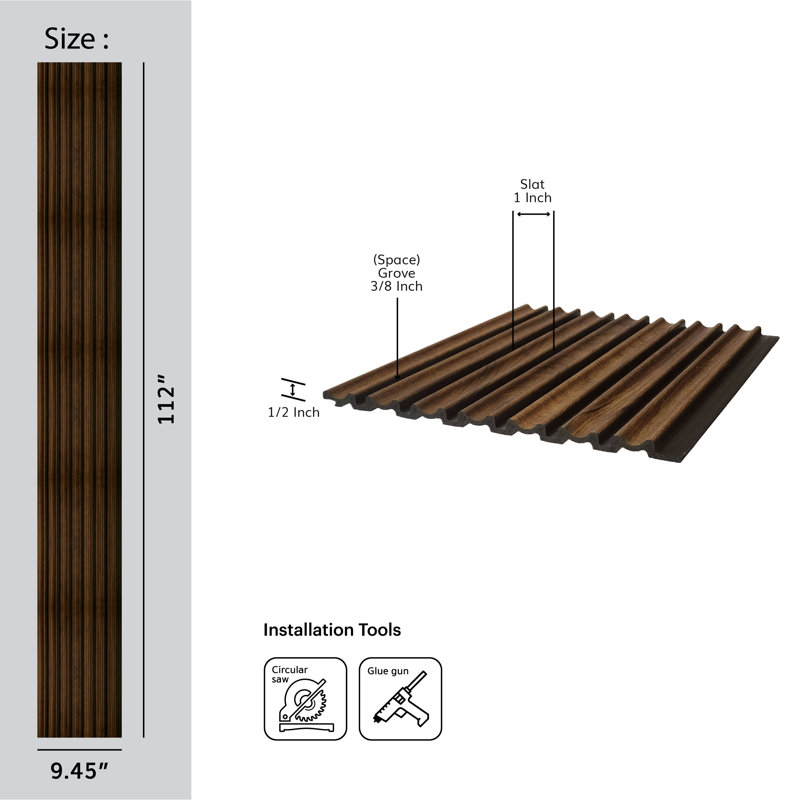Parois en lattes de bois cannelées en polystyrène de L 112 po x l 9,5 po x P 0,5 po, Marron foncé