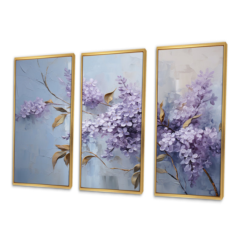 Ensemble d'art mural lilas mauve et mauve en fleurs II, Cadre flottant doré, H 32 po x l 48 po x P 1 po