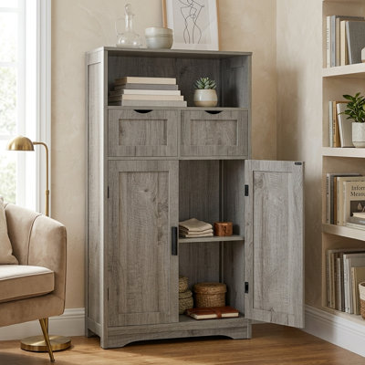 Armoire verticale grise avec portes et tablettes, buffet et armoire de salle de bain