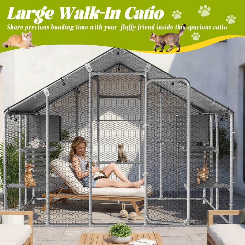Très grand enclos extérieur pour chat pour plusieurs chats, cage pour chat avec couvercle imperméable, 6 plateformes, 2 condos et 2 ponts, poulailler, cage à lapins, toit pointu