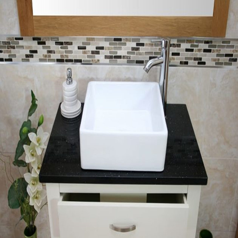 Robeson 750mm Single Bathroom Vanity with Vessel Ceramic Basin, Black Quartz, White