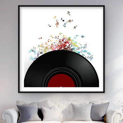Notes s'échappant d'un disque vinyle | Reproduction encadrée avec passe-partout
