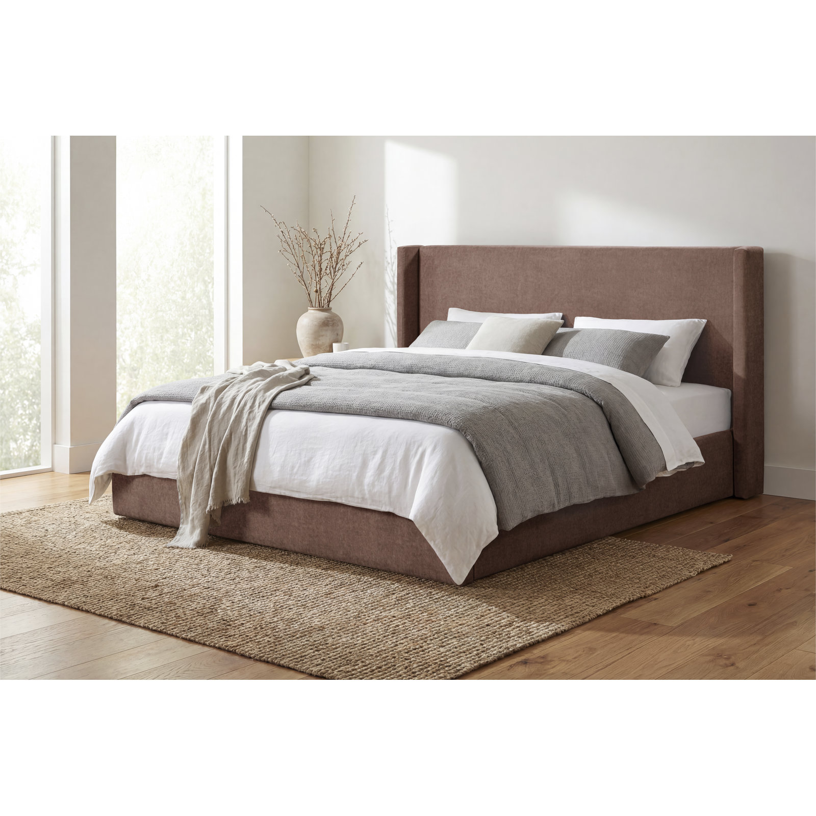 Mele Linen Upholstered Wingback Bed, Brown Velvet, Queen