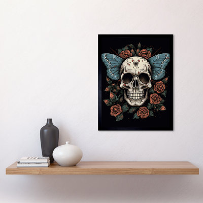 Murrieta Skull Moth And Roses Tattoo Ink Body Art Americana 50s - Single Picture Frame Print