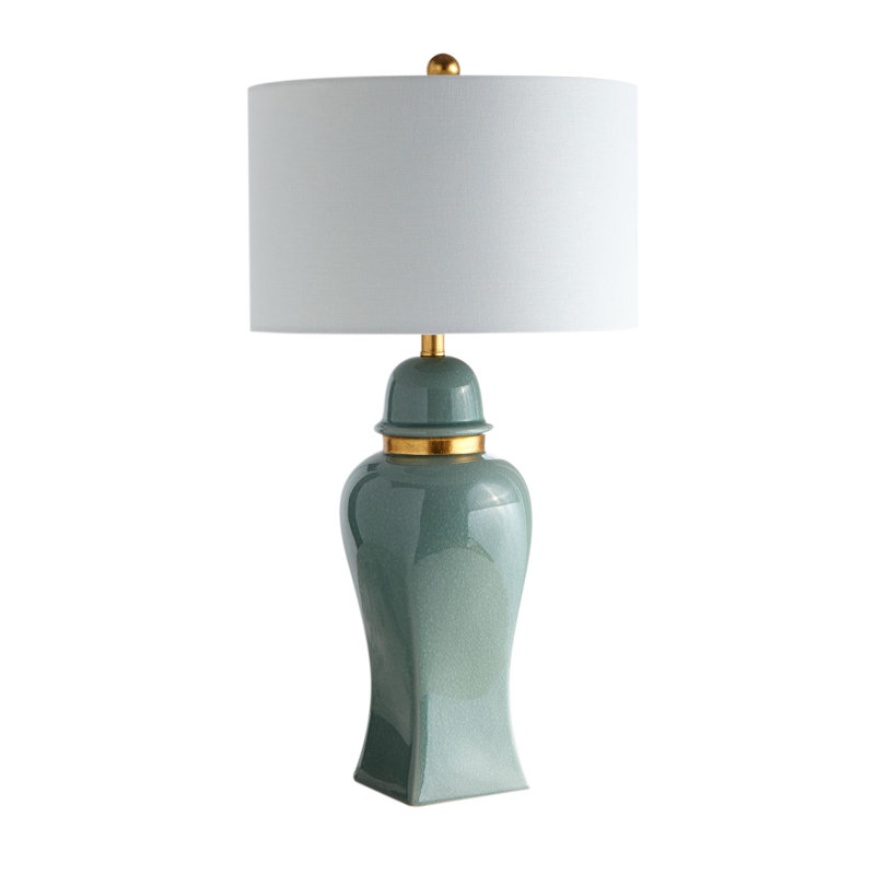 Elegant Jade Green Ceramic Table Lamp with White Linen Shade