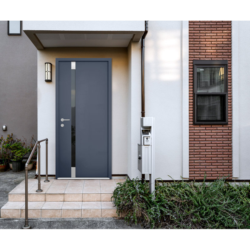Porte d'entrée extérieure prémontée en acier Cynex 6777, inserts en acier inoxydable gris, style moderne, peint, largeur 81 cm x hauteur 203 cm, ouverture à droite vers l'extérieur.