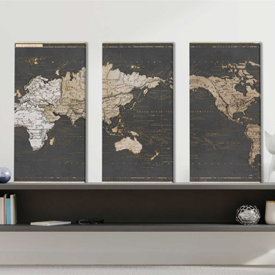 " World Map In Gold And Grey " 3 - Pieces Painting Print