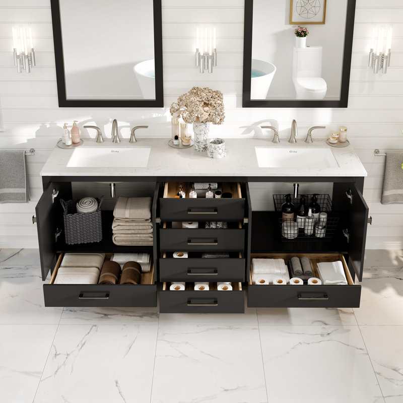 Meuble-lavabo à double cuve en porcelaine l 78 po x P 22 po Minnich, Quartz - blanc de Carrare, Espresso