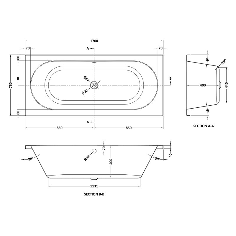 Otley x Soaking Acrylic Bathtub, 170cm x 75cm