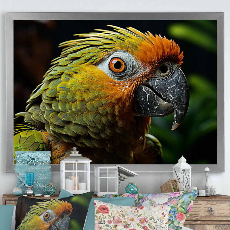 «Parrots Emerald Magical Melody II», reproduction sur toile, H 34 po x l 44 po x P 1,5 po, Cadre photo argenté