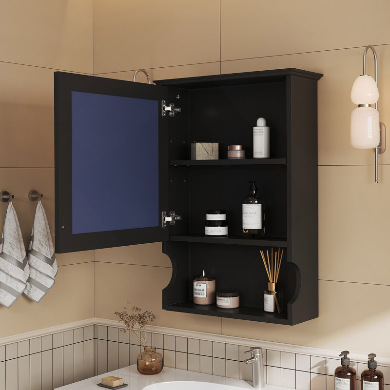 Armoire de rangement murale avec miroir, rangement fermé et étagère ouverte, idéale pour l'organisation moderne, Noir