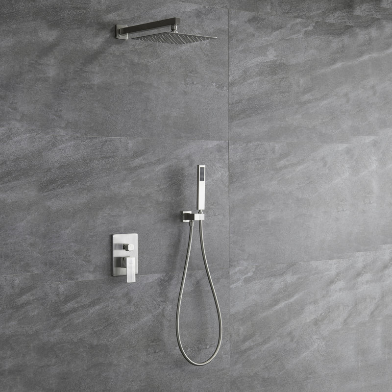 Robinet de douche mural 10 po, douchette carrée, nickel brossé, valve d'équilibre, 2 têtes, pluie en laiton massif avec finition nickel, laiton, design