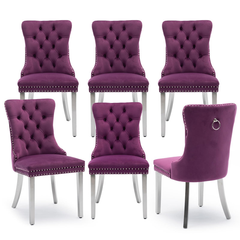 Chaises de salle à manger, chaise de salle à manger rembourrée haut de gamme avec anneau clouté, Noir, Blanc / velours bleu