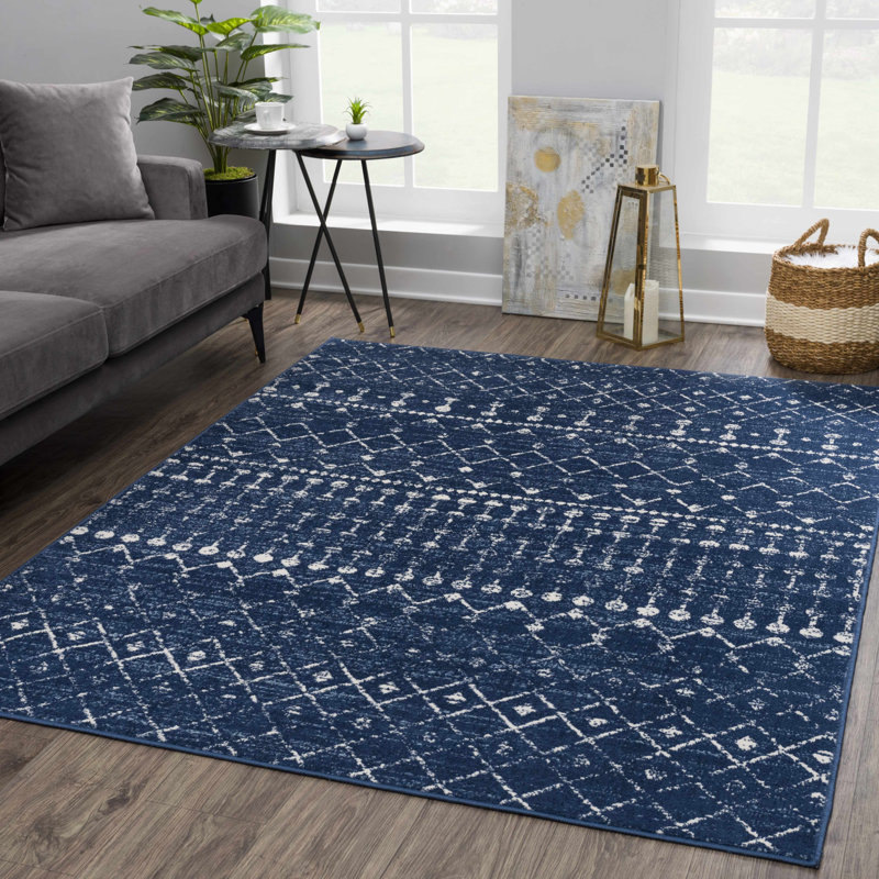 Dounia Transitional Performance Navy Blue/White Area Rug, Rectangle 5'3" x 7'