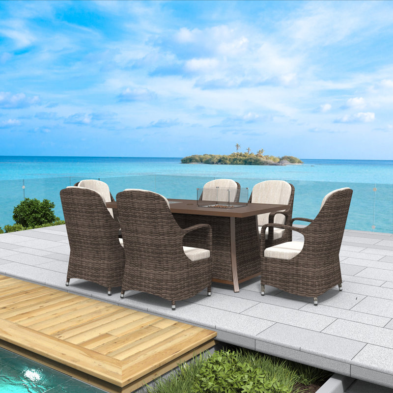 Cadeja 6 - Person Wicker Patio Dining Set with Rectangular Table , Cushions Included, Brown