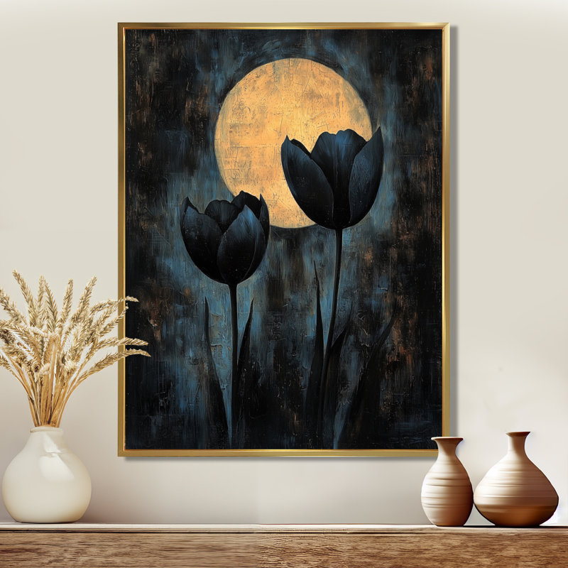 «Black Yellow Full Moon Tulips», reproduction sur toile, H 44 po x l 34 po, Reproduction avec cadre flottant, Doré