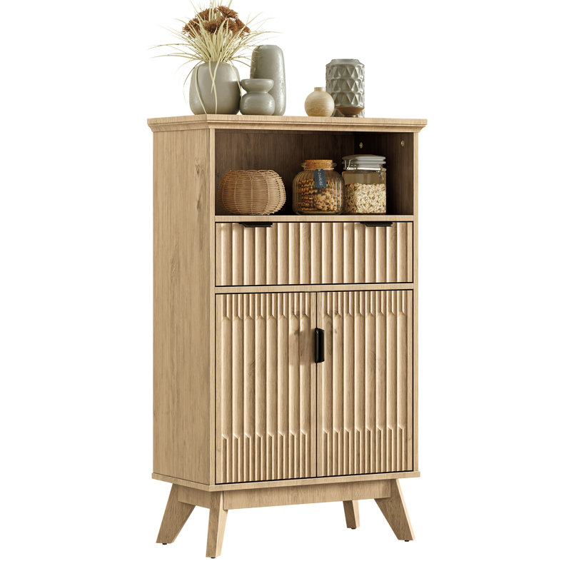 Storage Cabinet With Doors And Drawers, Solid Wood Legs, 1, Natural