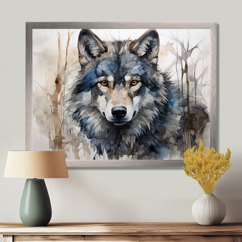 Minimalisme bleu et gris, expression du loup sur toile - loup, Cadre simple argenté, H 24 po x l 32 po x P 1 po
