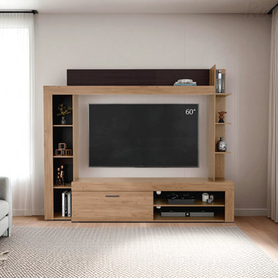Meuble audio-vidéo mural avec tablettes ouvertes et armoire de rangement rabattable