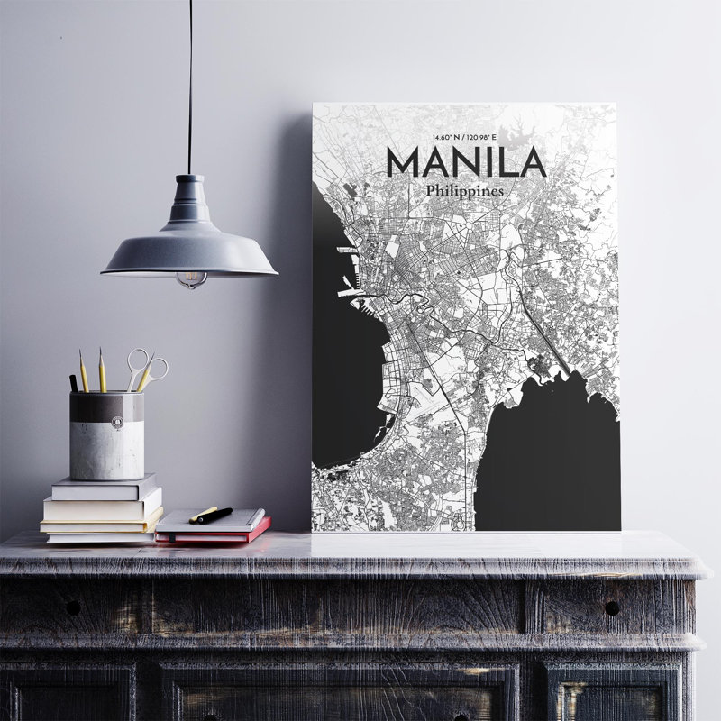 Manille, carte de la ville, impression, Noir et blanc, H 27,6 po x l 19,7 po
